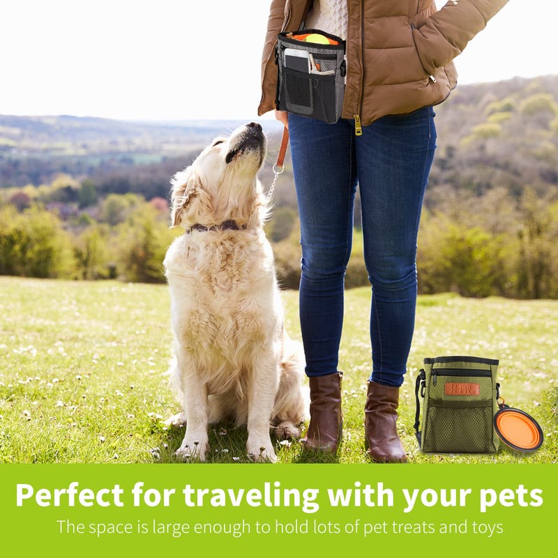 Dog Treat Training Pouch Easily Carries Pet Toys Kibble, Treats Built-in Poop Bag Dispenser 3 Ways to Wear Comes with a Foldable Silicone Bowl(Army Green) army green - PawsPlanet Australia