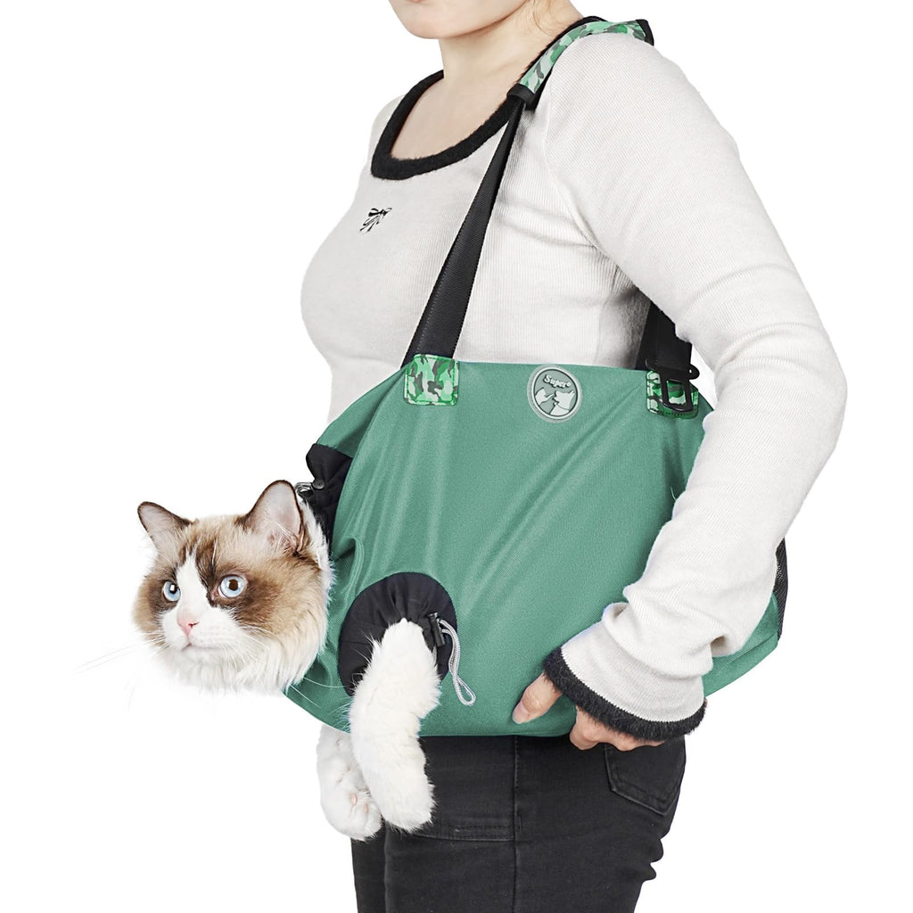 Supet Cat Carrier Soft, Large Cat Carrier Pouch for Vet Visits, Breathable Cat Sling Carrier for Cutting Nails, Grooming, Travel, Medication, Pet Carrier for Cats, Cat Restraint Bag (Green,M) M: 8.8Lbs Green