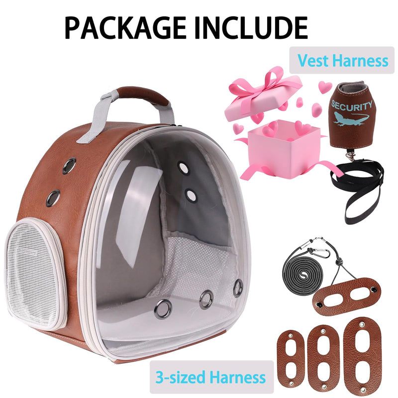 Bearded Dragon Carrier Backpack with Two Security Printing Harness with Leash Sets, Reptile Lizard Travel Bag to Carry and Transport Small Animal Kitten Bunny Guinea Pig to Vet(Brown, PU Leather) Brown - PawsPlanet Australia