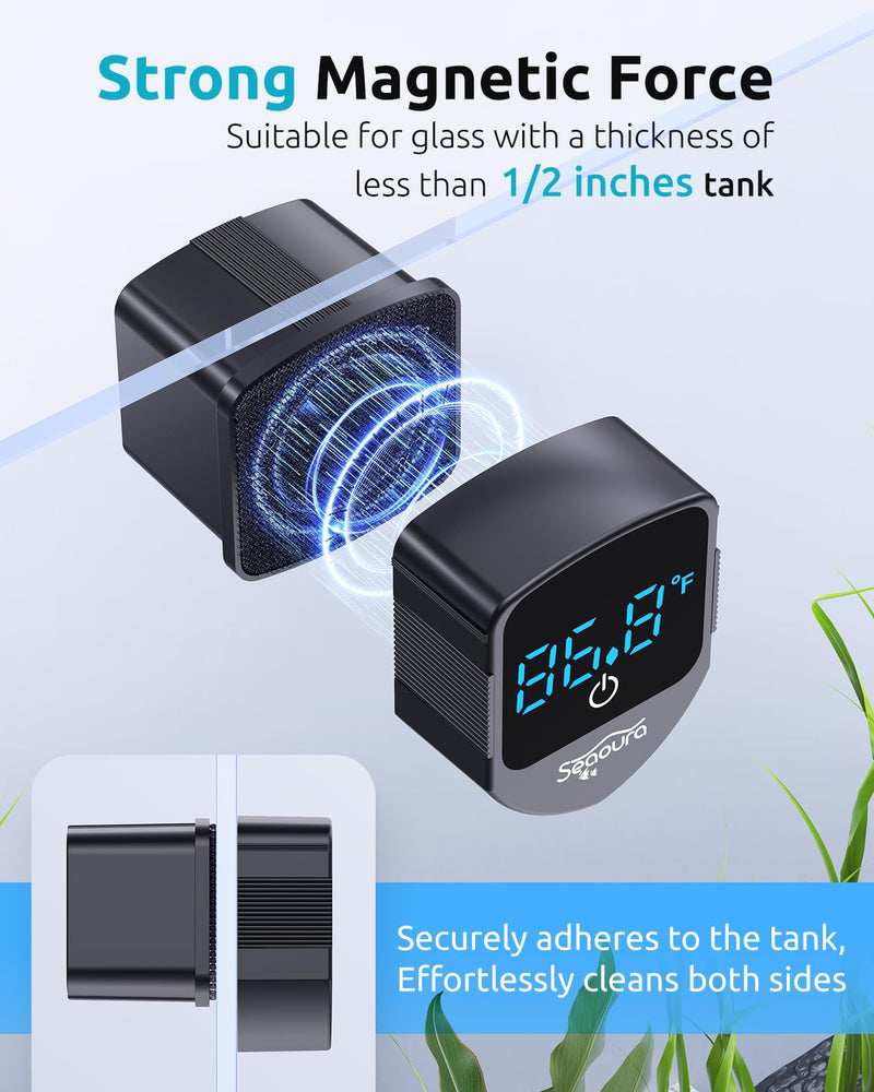2-in-1 Aquarium Magnetic Cleaner with Digital Aquarium Thermometer, Fish Aquarium Mini Magnetic Brush only for Glass Fish Tank,Tiny Magnet Cleaner Floating Cleaning Tool for 1-30 Gallons Black - PawsPlanet Australia