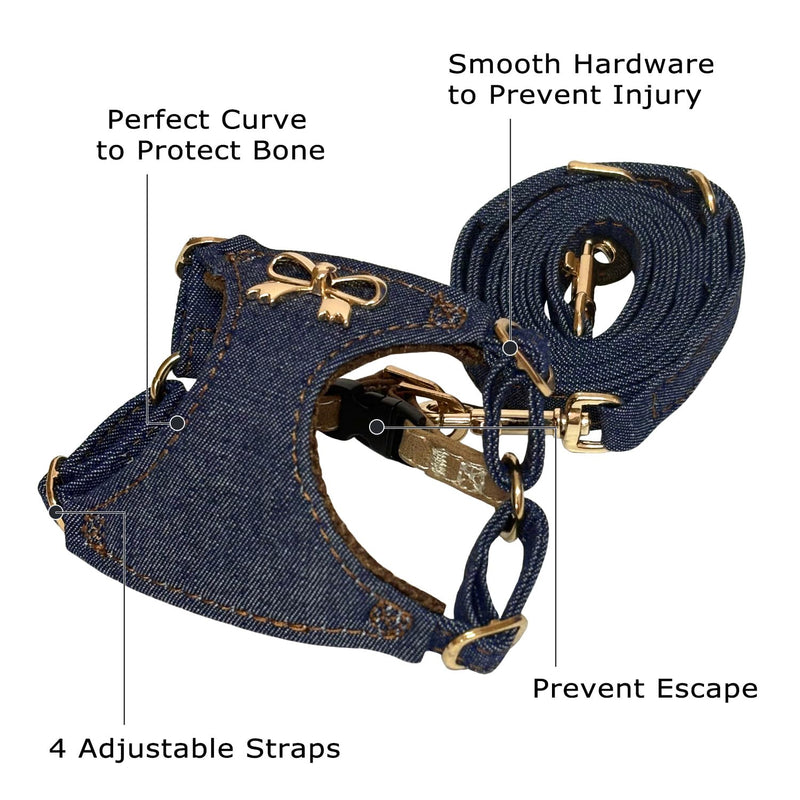 No Pull Dog Harness and Leash Set for Small Sized Dog Training Puppy Harnesses with Multifunction Dog Leash Soft Adjustable Denim No Choke Escape Proof Pet Harness for Small Medium Dog (Navy Blue XXS) Navy Blue - PawsPlanet Australia
