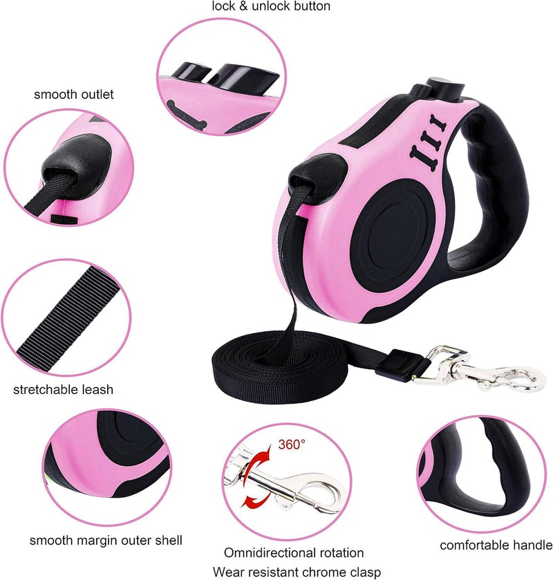 PETIMP Retractable Dog Leash Lightweight 16FT Leash, with Folding Bowl,Dispenser,Waste Bags, for Small Medium Dogs(Pink) PINK - PawsPlanet Australia