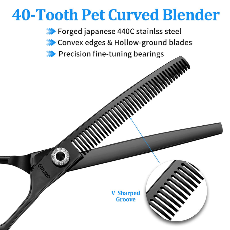 7" Professional Curved Thinning Scissors for Dog Grooming Sharp Blades Blending Shears Dog Grooming Scissors Japan 440C Stainless Steel Smooth Motion & Fine Cutting(Black) Black - PawsPlanet Australia