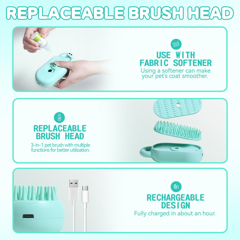 Cat Steam Brush,3 in 1 Steamy Cat Brush,Cat Brush for Shedding, Multifunctional Pet Steam Brush Cat Hair Brush for Removal of Shedding and Tangled Hairs,Water Brush for Cats (Green) Green - PawsPlanet Australia