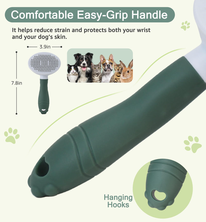 Pet Self-Cleaning Slicker Brush for Dogs & Cats, Deshedding Grooming Comb, Removes Loose Undercoat Hair & Mats, Skin-Friendly Massaging Tool for Long/Short Fur, Large & Small Breeds (Green) Green - PawsPlanet Australia