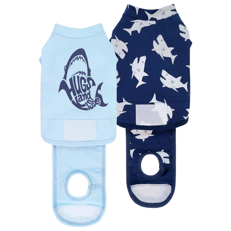 Fitwarm 2 Pack Shark Dog Recovery Suit for Surgery Spay Neuter, Surgical Onesie for Male and Female Dogs, Body Suits for Prevent Licking Wounds, Breathable Cotton, Navy Blue, Light Blue, XXL XX-Large - PawsPlanet Australia
