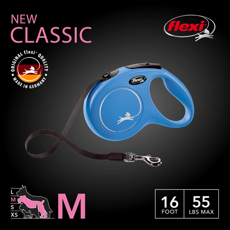 FLEXI New Classic Tape Retractable Dog Leash for Medium Dogs Upto 55 lbs. – 16 ft., Blue | Tangle Free Pet Walking Leash with One-Handed Brake, Pause, Lock|German Quality Product - PawsPlanet Australia