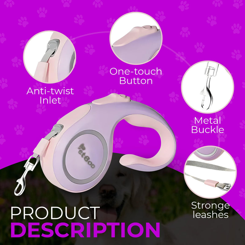 Fashionable and Retractable 15ft Dog Walking Leash with Anti-Slip Handle | 360° Tangle-Free | Heavy Duty Nylon Tape | One-Handed Lock, Pause, Block (Pink) Pink - PawsPlanet Australia