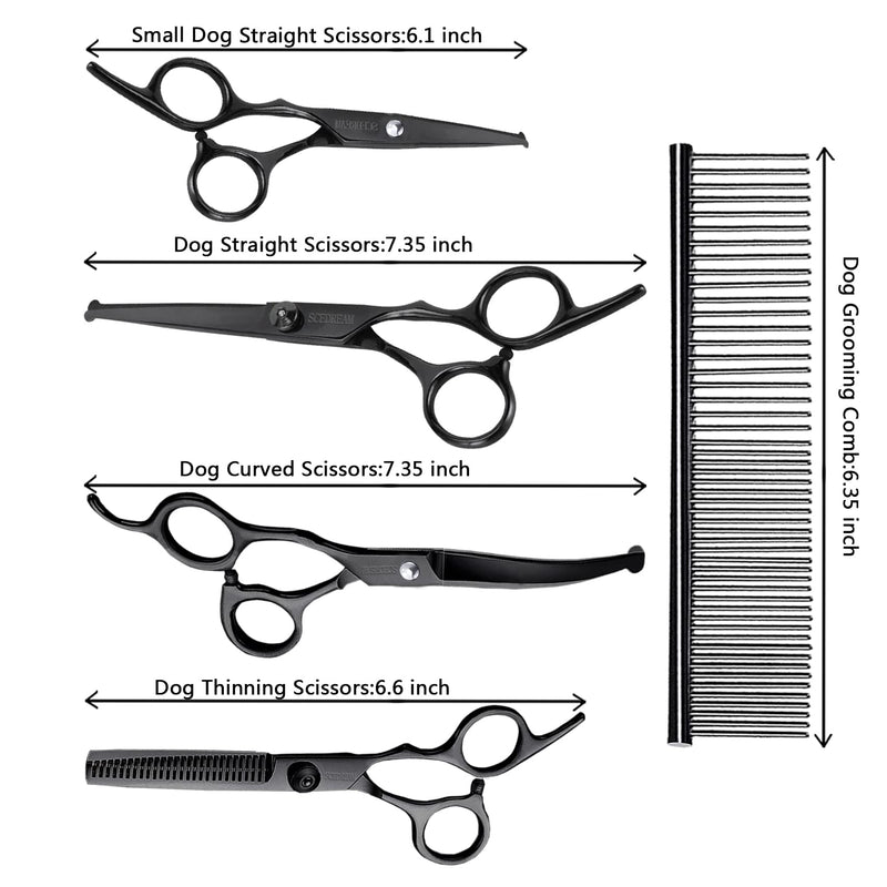 Dog Grooming Scissors Kit with Safety Round Tips, Professional 6 in 1 Grooming Scissors for Dog, Cats, Pets, 4CR Stainless Steel, Sharp and Durable 6 in 1 Black - PawsPlanet Australia