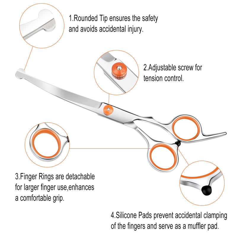 Dog Grooming Scissors, 7.3" Pet Grooming Scissors with Safety Round Tip, Stainless Steel Grooming Shears for Dog, Cat 1 Piece-curved Scissors