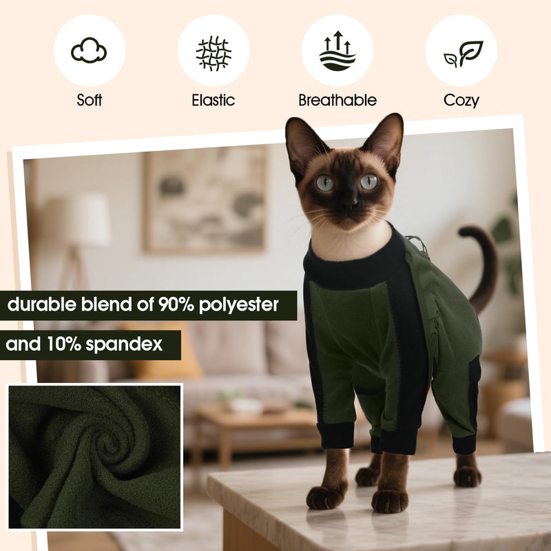 DENTRUN Cat Clothes with Anti-Shedding Fabric - Soft Recovery Suit & Breathable Lint-Resistant Cat Sweater for Wound Care & Hair Control, Kitten Onesie Pajamas, XXL, Army Green XX-Large - PawsPlanet Australia