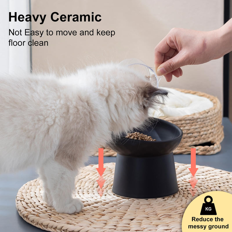 YauYik Ceramic Raised Cat Bowls, Elevated Tilted Cat Food and Water Bowls Set, Stress Free Pet Feeding Dish for Indoor Cats and Small Dogs, Anti Vomiting, Black, 2 Pack BLACK-2 PC