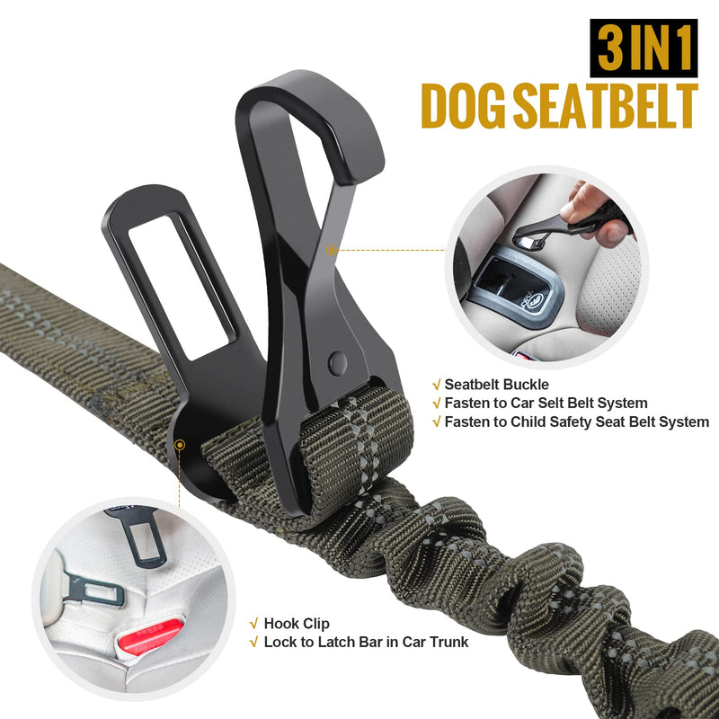 OneTigris 3-in-1 Tactical Dog Leash Heavy Duty for Medium Large Dogs, Car Safety Seatbelt Leash, Nylon Reflective Bungee Dog Lead with Clip Hook Latch & Buckle, Swivel Zinc Alloy Carabiner Green
