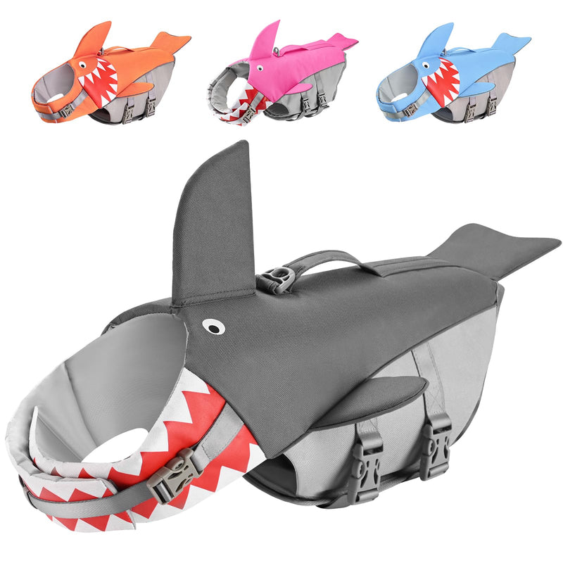 Dog Life Jacket Swimming Vest: Shark Dog Life Vest for Large Dogs, Adjustable Ripstop Pet Life Preserver for Swimming Boating - with Reflective Stripes & Rescue Handle (Grey) L Grey