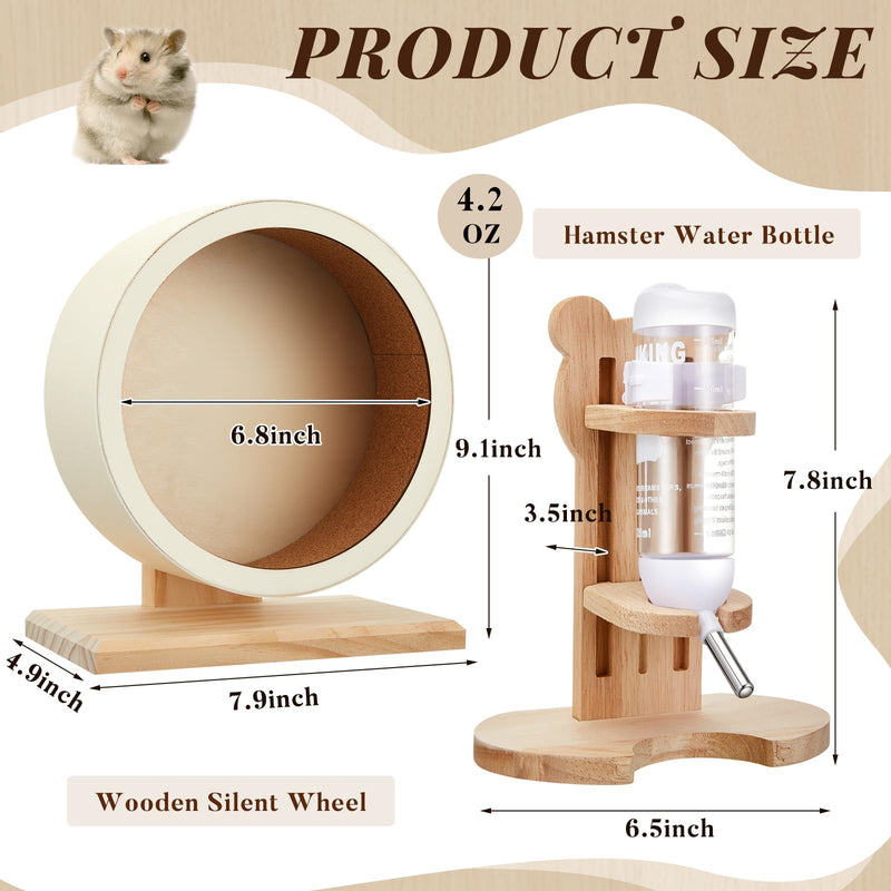 2 Pcs 7.9" M Size Wooden Hamster Wheels and Hamster Water Bottle Set Guinea Pig Running Silent Exercise Wheels Small Animal Water Dispenser Stand Holder for Guinea Pig Gerbil - PawsPlanet Australia