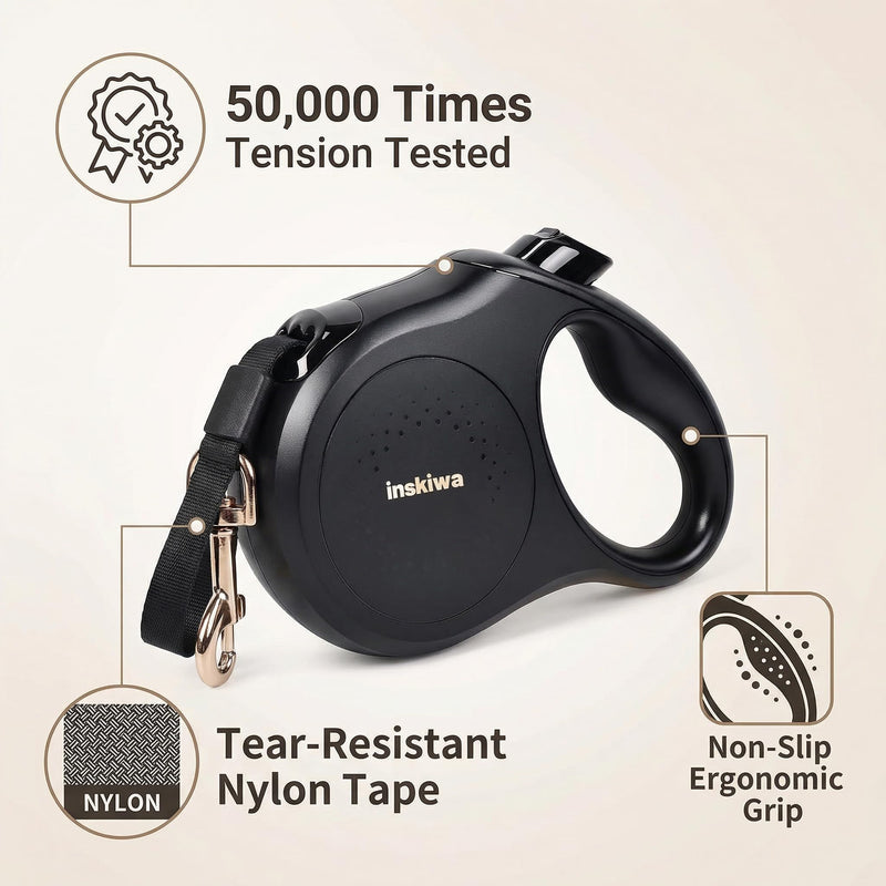 Retractable Dog Lead, 5m/16FT Extendable Dog Lead, 360° Tangle-Free, One-Handed Brake & Lock, Non-Slip Soft Grip Handle for Small & Medium Dogs, Max 25kg, inskiwa (Black) Black