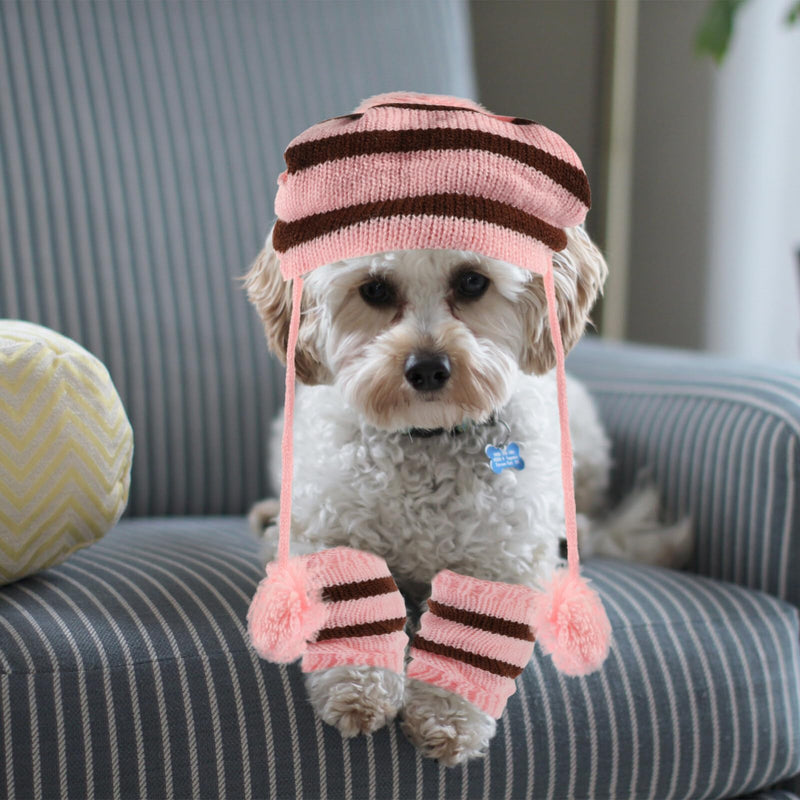 POPETPOP Knitted Winter Dog Scarf Hat Set - Winter Warm Caps Neck Warmer Knitted Scarf Hat Leg Warmers Knitted Hat for Dogs Pink M - PawsPlanet Australia