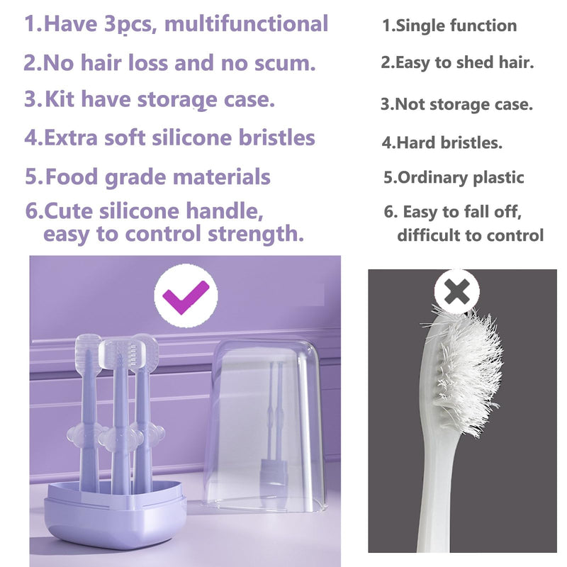 3 Pack Multi Angle Dog Toothbrush with Case for Small Dog & Cat, Soft Silicone Dog Tooth Brushing Kit for Puppies & XSmall Breed, Durable Dog Dental Care to Remove Plaque for Teeth Cleaning. (Purple) Purple - PawsPlanet Australia