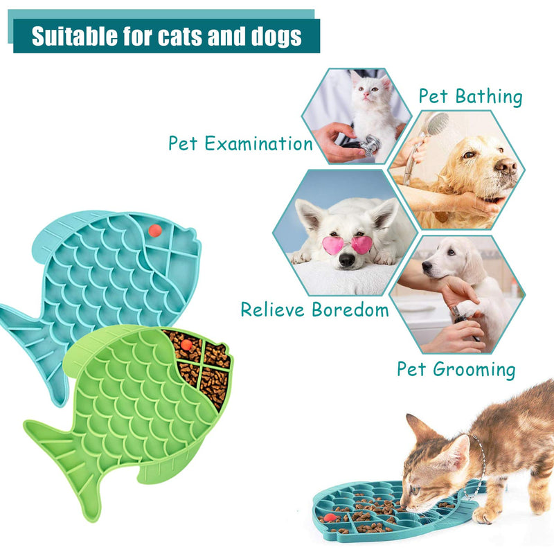 Cat Slow Feeder,2 Pack Fish-Shaped Cat Lick Treat Mat for Cats Dogs Anxiety Relief, Cat Puzzle Feeder Cat Bowl, Fun Alternative to Slow Feeder Cat Bowl (Blue and Green). Double fish shape