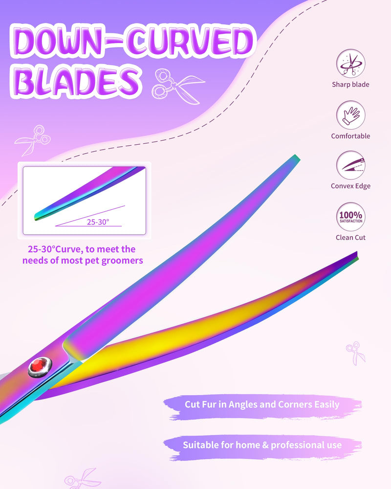 7.3" Dog Grooming Scissor - Professional Down-curved Shear with Ergonomic Handle Stainless Steel Hair Shears for Dogs, Cats and Other Pets - Pet Hair Trimming Scissor(Curved, Iridescent) - PawsPlanet Australia