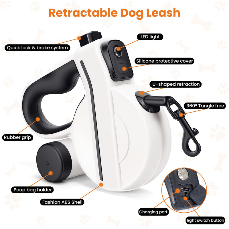 Retractable Dog Leash with USB Charged LED Light & Reflective Tape, 16FT Heavy Duty Pet Lead with Poop Bag Holder, Tangle-Free Leash for Dogs Walking Running Night Safety, Black - PawsPlanet Australia