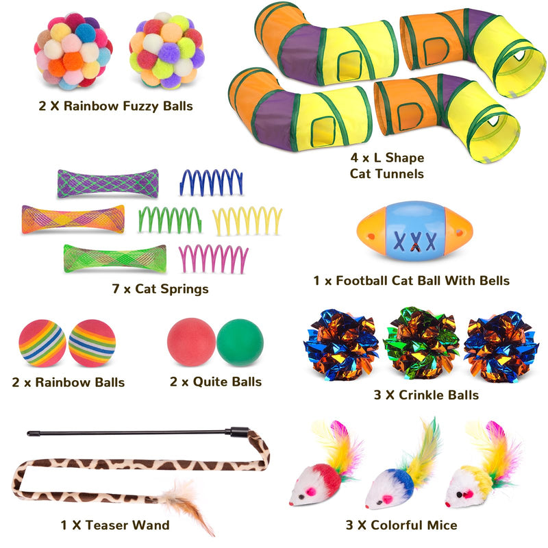 25 Pcs Cat Toys Set,Kitten Toys for Indoor Cats,Collapsible Cat Tunnel Tubes Interactive Feather Teaser Wand Toy for Kitten Cats Springs Mouse Crinkle Toys Rainbow Football Cat Ball with Bell Toy 4PCS L Shape Cat Tunnels - PawsPlanet Australia