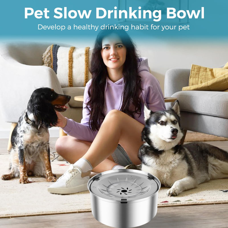 3L/101oz Dog Water Bowl No Spill Stainless Steel Pet Water Dispenser Large Capacity Travel Water Bowl No Splash Slow Water Bowl for Dogs and Cats, Non-Slip, Grey Plastic Floating Disk - PawsPlanet Australia