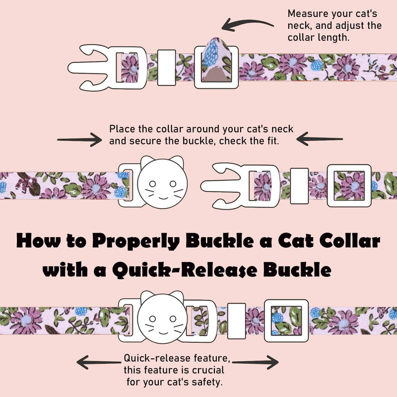 2 Pack Cotton Breakaway Cat Collars Set with Bell and Flower Pendant, Cute Floral Fruit Patterned, Adjustable 7.5-11Inch, Include A Mouse Toy Gift beige+dark pink - PawsPlanet Australia