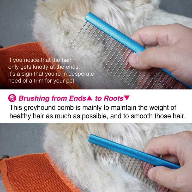 Greyhound Comb with Oval Handle for Dogs and Cats, Removing and Shedding Matted, Tangled Hair, Metal Comb with Stainless Steel Pins, Detangling Grooming Tool (9.8" Blue-20% fine pins) Medium