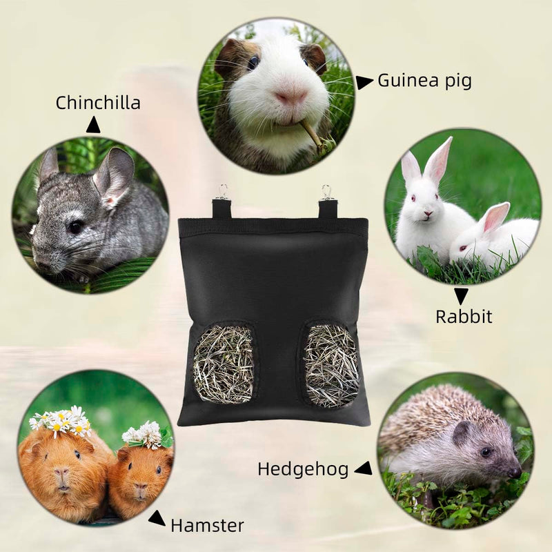 Rabbit Hay Feeder Bag Guinea Pig Hay Feeder Storage with 2 Holes Bunny Feeding Bag Small Animal Pets Hanging Hay Feeder for Chinchilla Bunny Hamsters Oxford Fabric Cloth Hay Bag for Animals (Black)