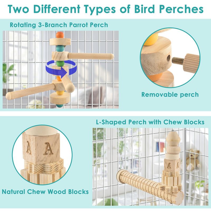 3pcs Natural Wood Bird Chewing Toys, Parrot Rotating Perch Stand, L-Shaped Perches with Chew Block, Hanging Cork Stopper Toys, Bird Cage Accessories for Parakeets Cockatiels Conures Lovebirds - PawsPlanet Australia