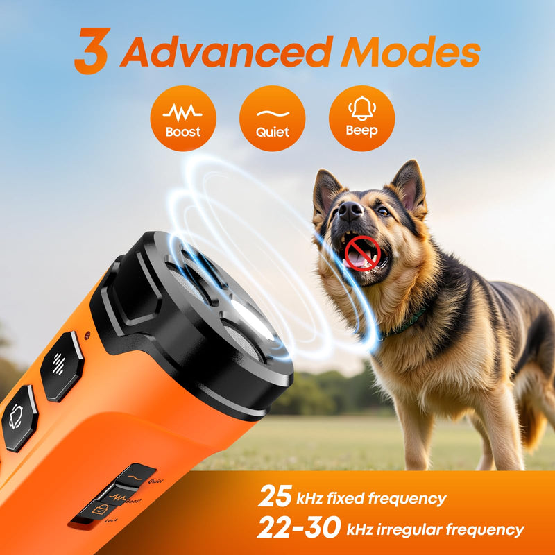Dog Bark Deterrent Device, 3X Sonic Emitters, Dual-Frequency Bark Control, Flashlight & Sound Modes, Humane No-Bark Trainer, Safety Lock, USB-C Rechargeable (Orange) Black