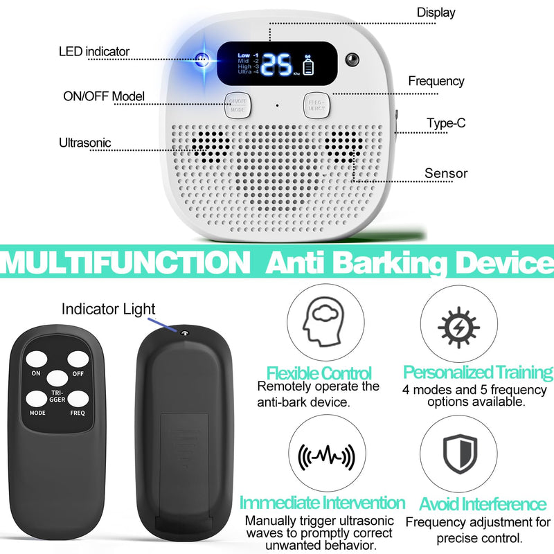 Dog Barking Control Devices, Anti Barking Device for Dogs with Remote Control, Ultrasonic & Sensor Technology, Rechargeable, Waterproof, Adjustable Modes & Frequencies, Bark Box Indoor Outdoor(White)