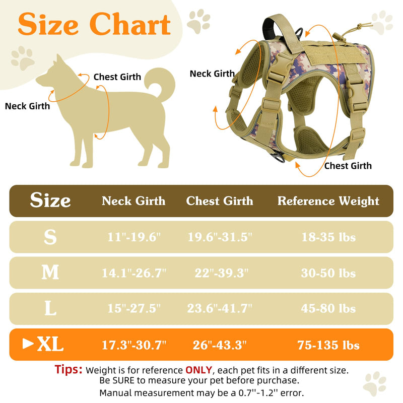 Heavy Duty Tactical Dog Harness for Large Dogs, No Pull Adjustable Pet Harness Reflective Service Training Easy Control Pet Vest Military K9 Working Dog Harnesses, Desert Camouflage, XL XL: 75-135 lbs (Chest: 26-43.3", Neck: 17.3-30.7")