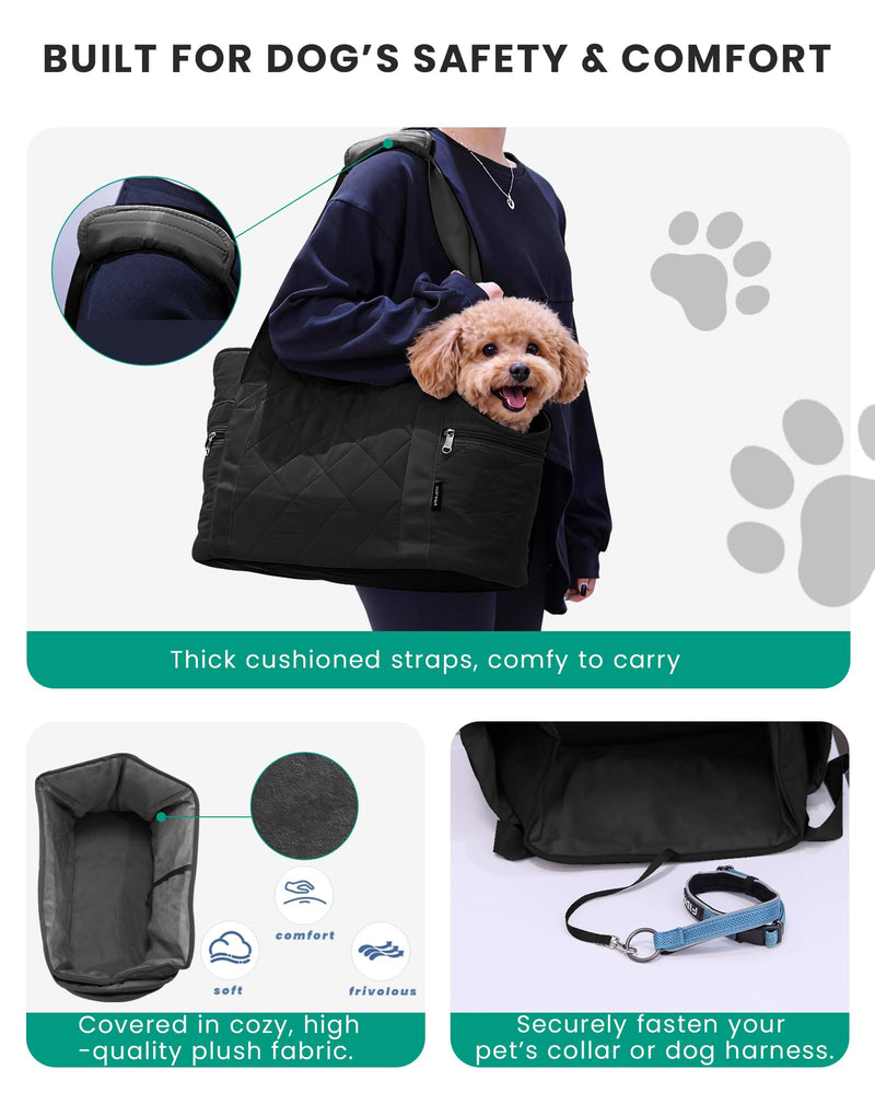 Lightweight Dog Purse Carrier for Small Dogs up to 15 lbs, Dog Tote Bag Puppy Carrier, Soft Plush Interior, Safety Leash Clip, 4 Side Pockets Dog Carrier Bag for Travel & Walking, Black