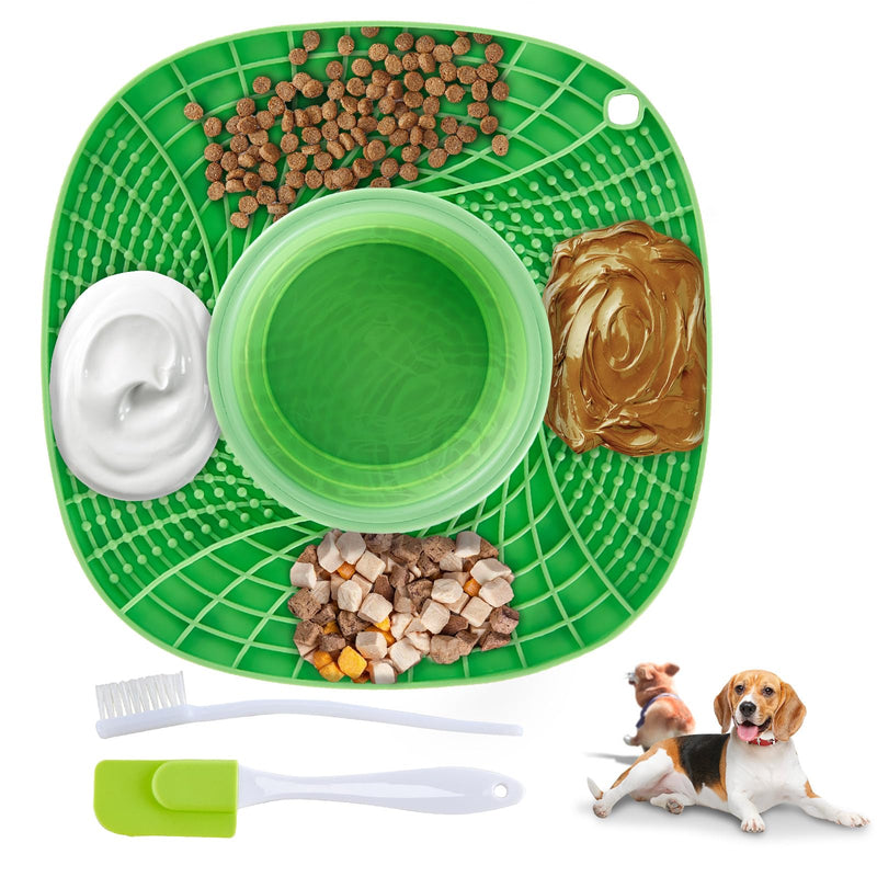 Licking Mat Slow Feeder for Dogs and Cats, Premium 3 in 1 Lick Pad & Foldable Water Bowl w/Suction Cups for Dog Anxiety Relief,Slow Feeder Dog Healthy Eating Bowl, Bathing, Grooming, Training (Green) Green - PawsPlanet Australia
