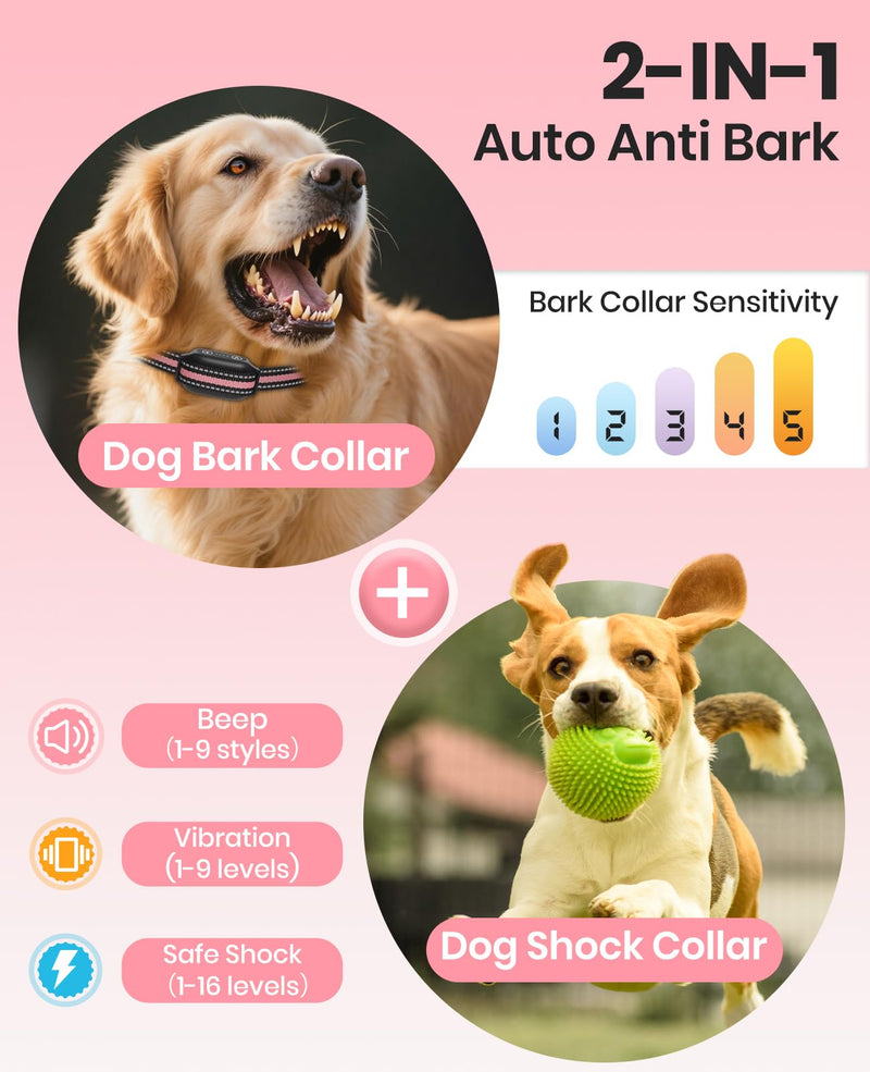2 Dogs Bark Collar with Remote, 2-in-1 Bark and Shock Collar Combo, 3300Ft Dog Training Collar 2 Pack - Auto Anti Bark/Beep/Vibration/Shock, IP67 Smart E-Collar with 5 Adjustable Levels of Sensitivity Black+Pink - PawsPlanet Australia