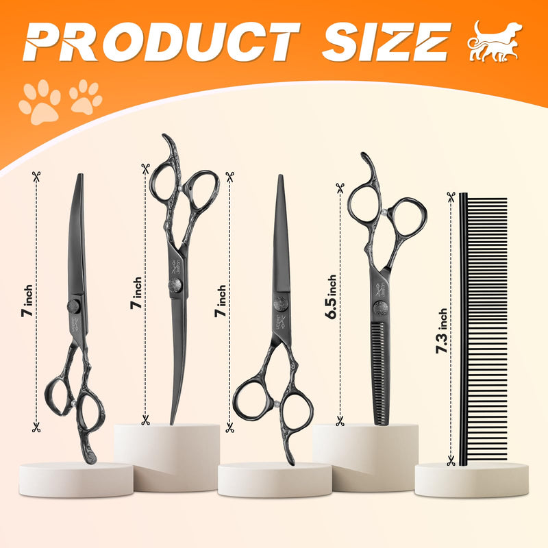 JASON Professional Dog Grooming Scissors Set - 6 in 1 Dog Shears Kit with 6.5" Thinning, 7" Straight, 7" Up-Curved, 7" Down-Curved Shears and Comb for Cat, Pet with Adjustable Screw (Black) Black
