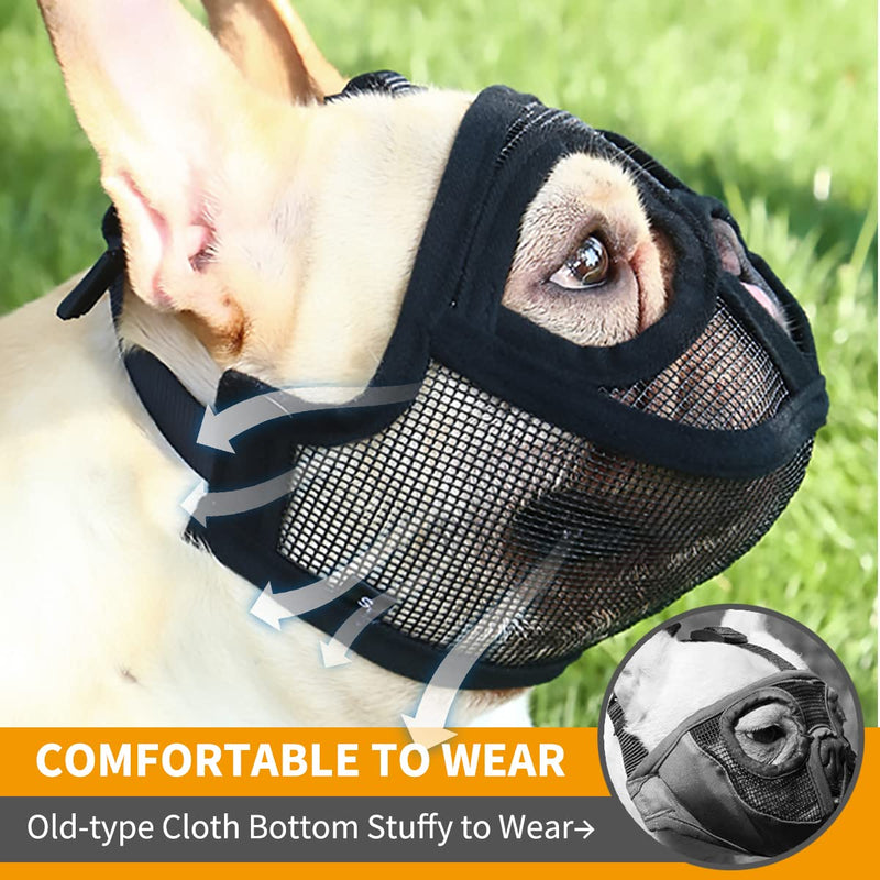 BARKLESS Short Snout Dog Muzzle, Breathable Mesh Flat Faced Muzzle for French Bulldog Shih Tzu and Pug,Mask Bulldog Muzzle for Biting Chewing Licking Black XXS (Head 7.5-12.5'')