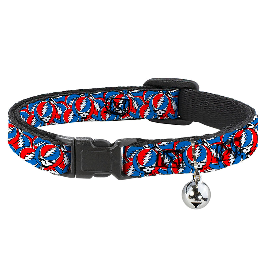 Grateful Dead Breakaway Cat Collar with Bell, Easy Adjustable, Steal Your Face Logo Stacked Red White Blue, 8.5 to 12 Inches 0.5 Inch Wide