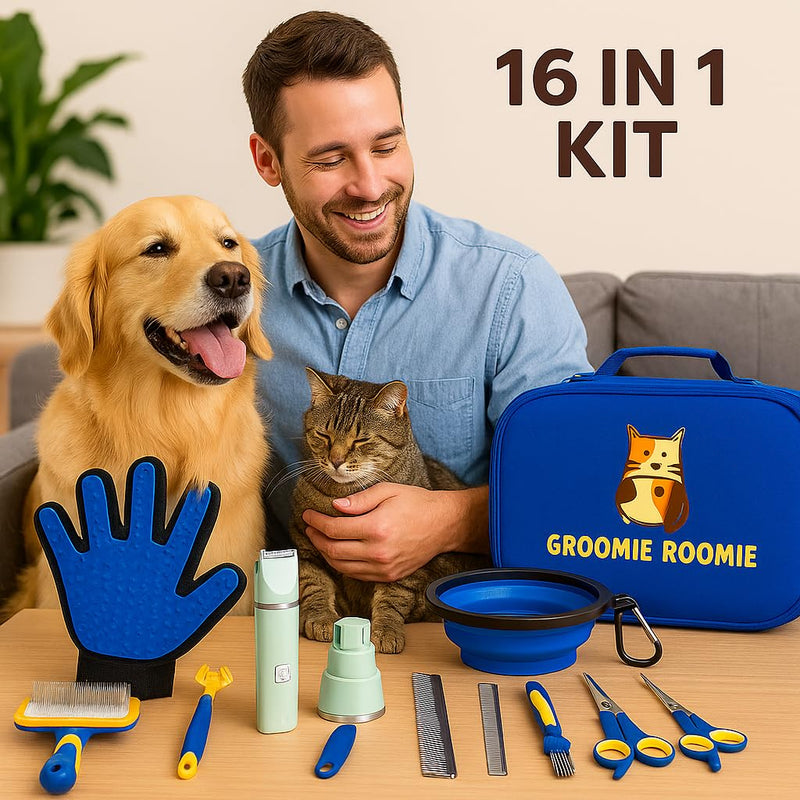Deluxe 16-Piece Pet Grooming Kit with Carry Bag -Kit for Dogs & Cats – Quiet Clippers, Nail Grinder & Brushes