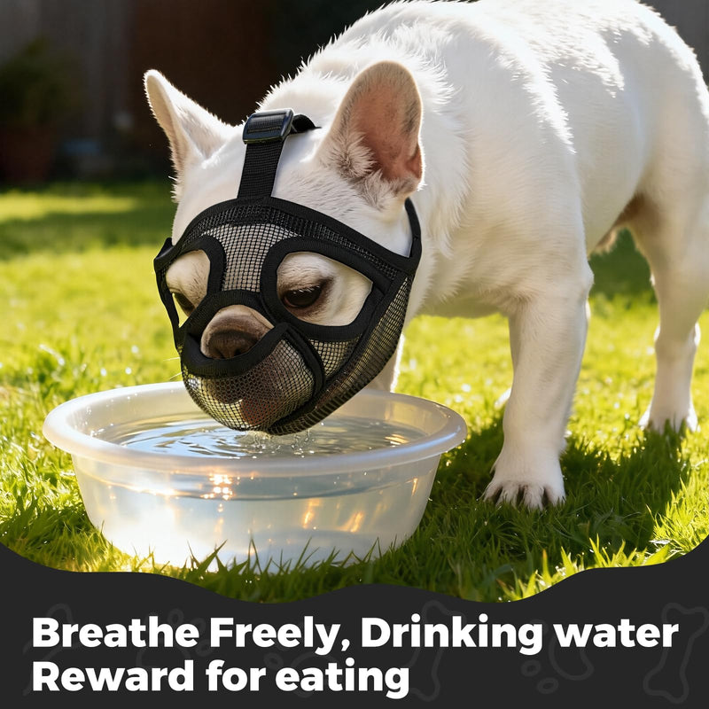 French Bulldog Muzzle, Soft Mesh Short Snout Muzzle with Mouth Opening & Enlarged Eye Holes, Allows Panting, Drinking & Feeding, Prevents Biting for Shih Tzu Pug English Bulldog(M,Black) M Black - PawsPlanet Australia