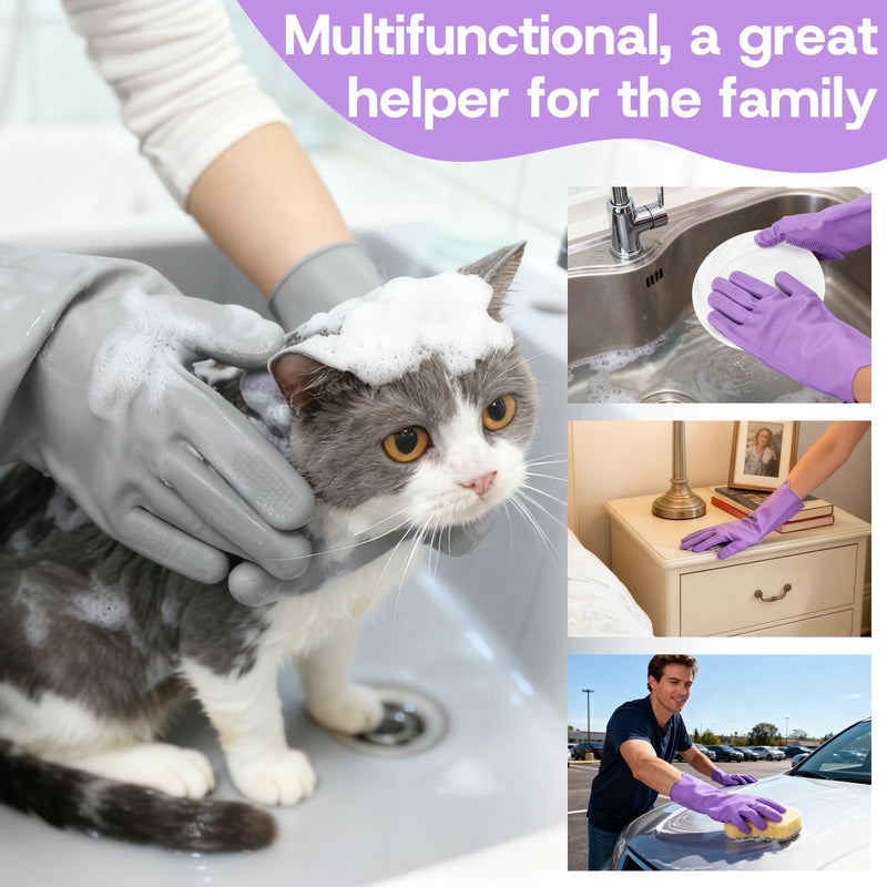2-Pair Pet Hair Remover Glove for Dogs and Cats Washing, Grooming, & Deshedding – Multipurpose Silicone Dog Bath Gloves, Cat Brush Glove Mitt for Pet Cleaning & Household Use (Purple & Grey) Gray and purple two-tone