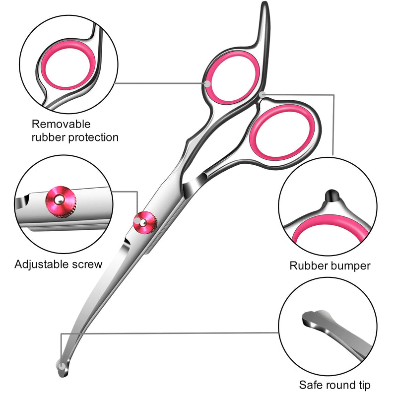Dog Grooming scissors Kit,Includes Curved Thinning straight scissors and Comb, Dog Grooming Shears with Safety Round Tips,pet Grooming kit for Small Dogs&Puppies Pink 5 in 1 - PawsPlanet Australia