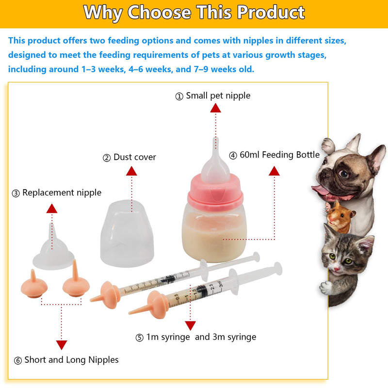 Pet Feeding Bottle and Syringe Set for Puppies and Kittens(1 Bottles,2 Syringes,6 Nipples) Pink - PawsPlanet Australia