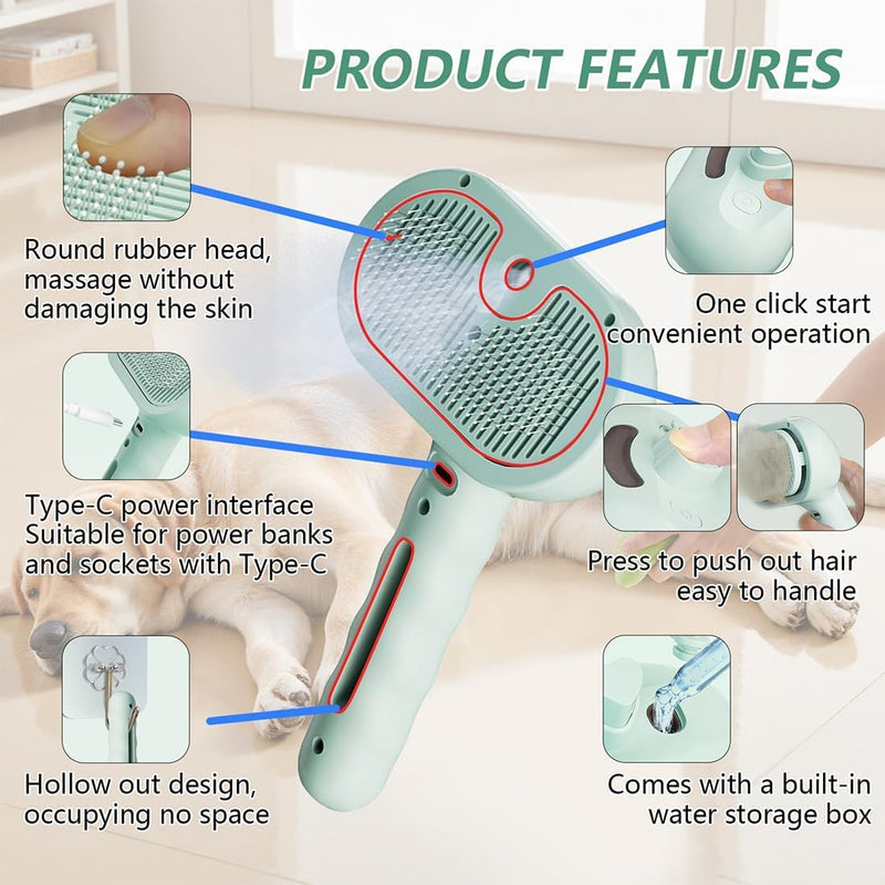 Pet Steam Brush for Dog and Cat，3 in 1 Spray Hair Removal Comb，Steam for Shedding & Grooming，Water Brush for Long and Short Haired Pets Remove Tangled Loose Hairs (Green) Green - Empty Bottle - PawsPlanet Australia