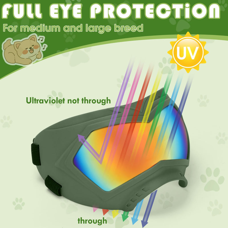 Dog Sunglasses, Dog Goggles for Large and Medium Breed with Adjustable Strap, UV Protection, Windproof, Waterproof, Dustproof and Snowproof, Dogs Eyes Protection, Wide Snout Rest, Soft Frame, Green A Green Frame+Color Lens - PawsPlanet Australia