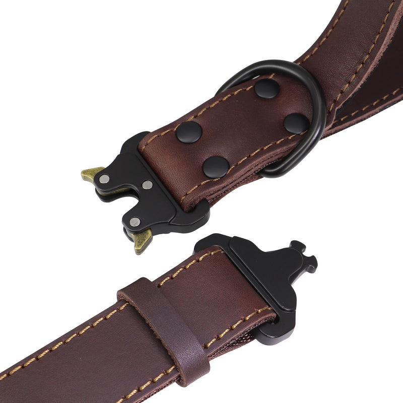 PET ARTIST Tactical Leather Dog Collar for Walking & Training, Sturdy Dog Collar with Soft Handle, Durable Metal Buckle,Best for Medium Large Dogs, Brown L M:15-20 Inch - PawsPlanet Australia