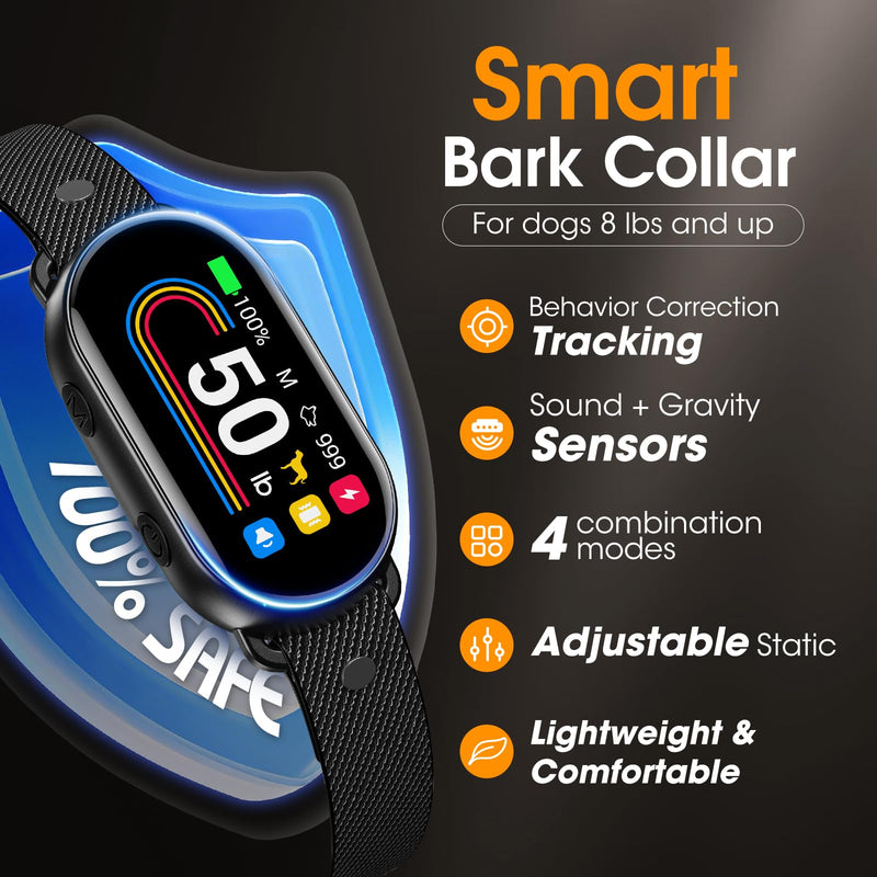 Smart Dog Bark Collar with Bark Counting for Small Medium Large Dogs 10-100lbs, Anti Barking Device with 4 Modes & 8 Levels, Adjustable Humane Training Collar for Effective Bark Control, Black - PawsPlanet Australia