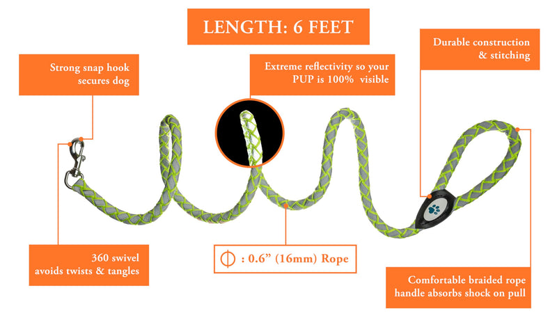Reflective Dog Leash. Heavy Duty, Durable Leash for Large and Medium Breeds. 6 Ft Long Rope, Tangle Free Braided Leash with Comfortable Handle - PawsPlanet Australia